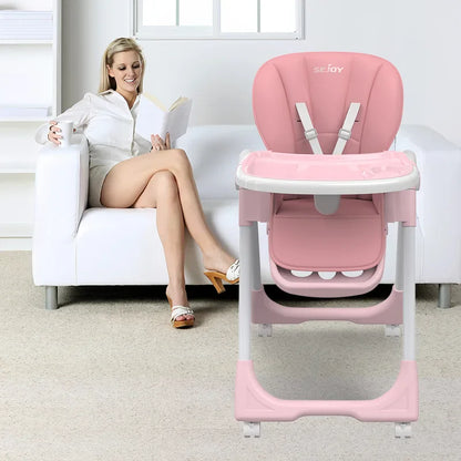 Toddler high chair featuring a secure safety harness and adjustable recline. Easy to clean.