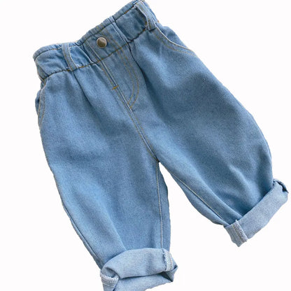 Baby high-waist jeans, unisex, light wash denim pants, elastic waist for toddlers.