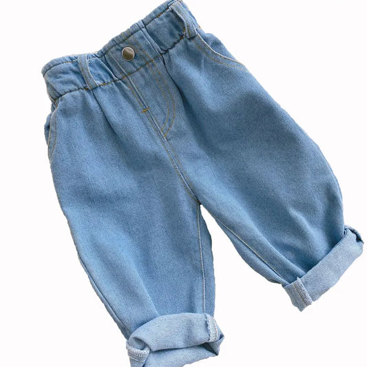 Baby high-waist jeans, unisex, light wash denim pants, elastic waist for toddlers.