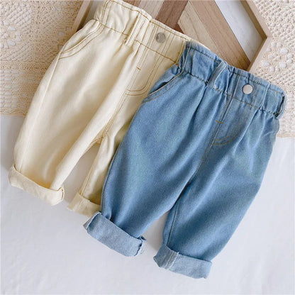 Autumn high-waist baby jeans, classic denim toddler pants, comfortable unisex fit.