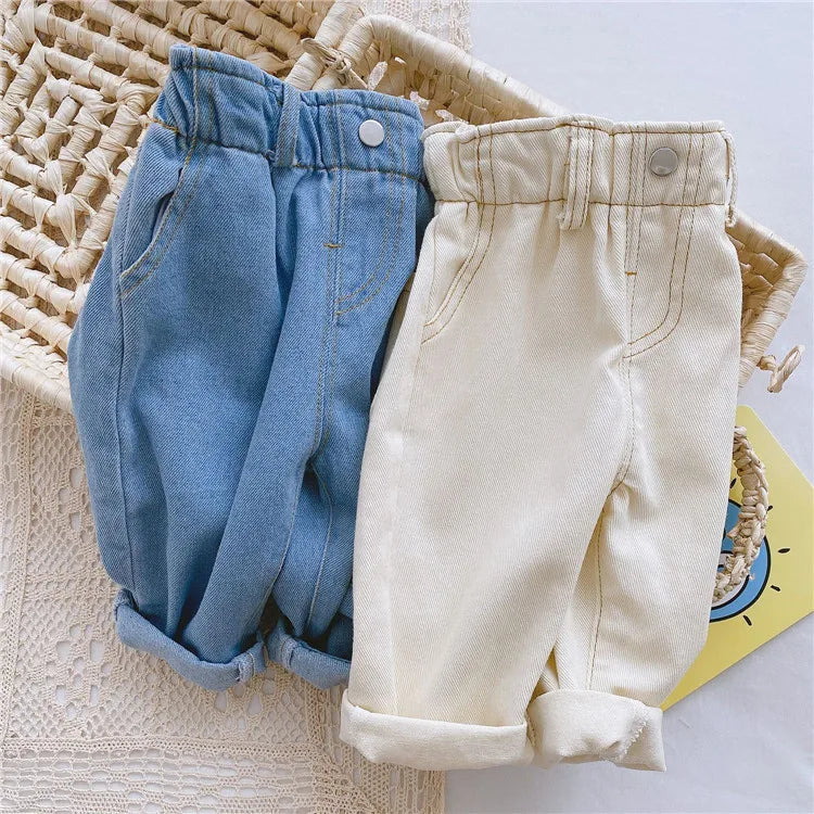 Newborn high-waist jeans, soft denim pants with elastic waist, unisex baby clothing.