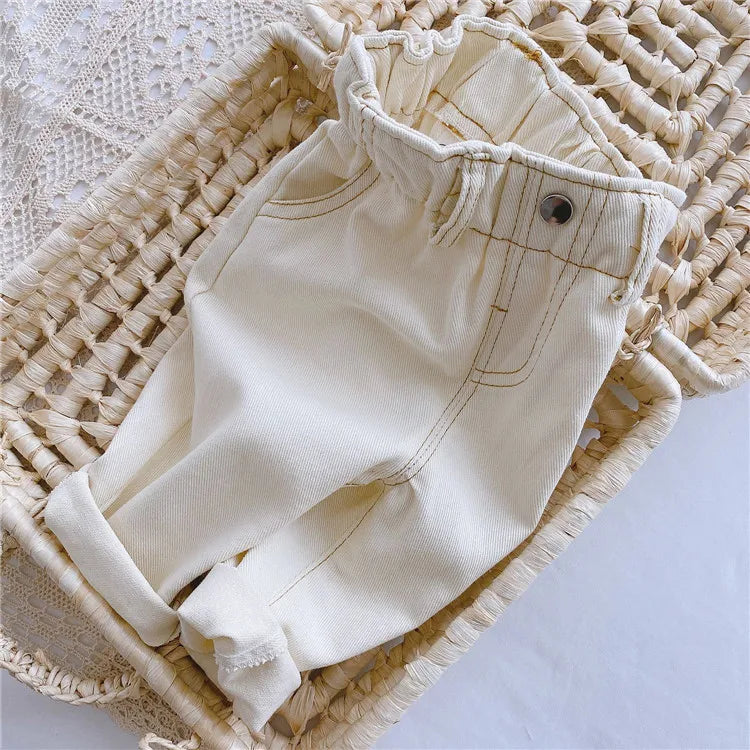 Durable high-waist baby jeans, comfortable elastic waist denim pants, unisex kids fashion.