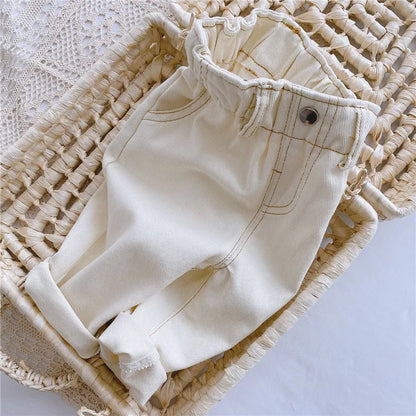 Durable high-waist baby jeans, comfortable elastic waist denim pants, unisex kids fashion.