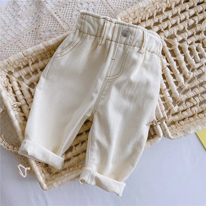 Toddler high-waist denim jeans, comfortable baby pants with elastic waistband, unisex style.