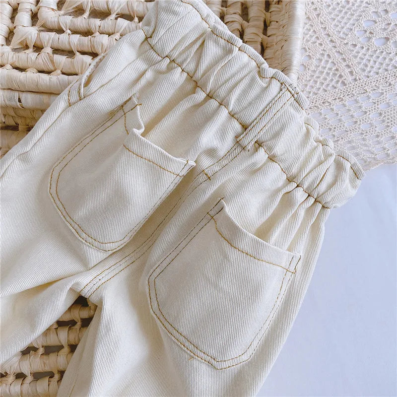 Comfortable high-waist baby jeans, soft toddler denim pants with elastic waist.