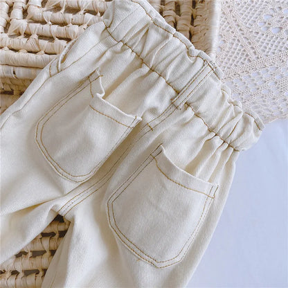 Comfortable high-waist baby jeans, soft toddler denim pants with elastic waist.
