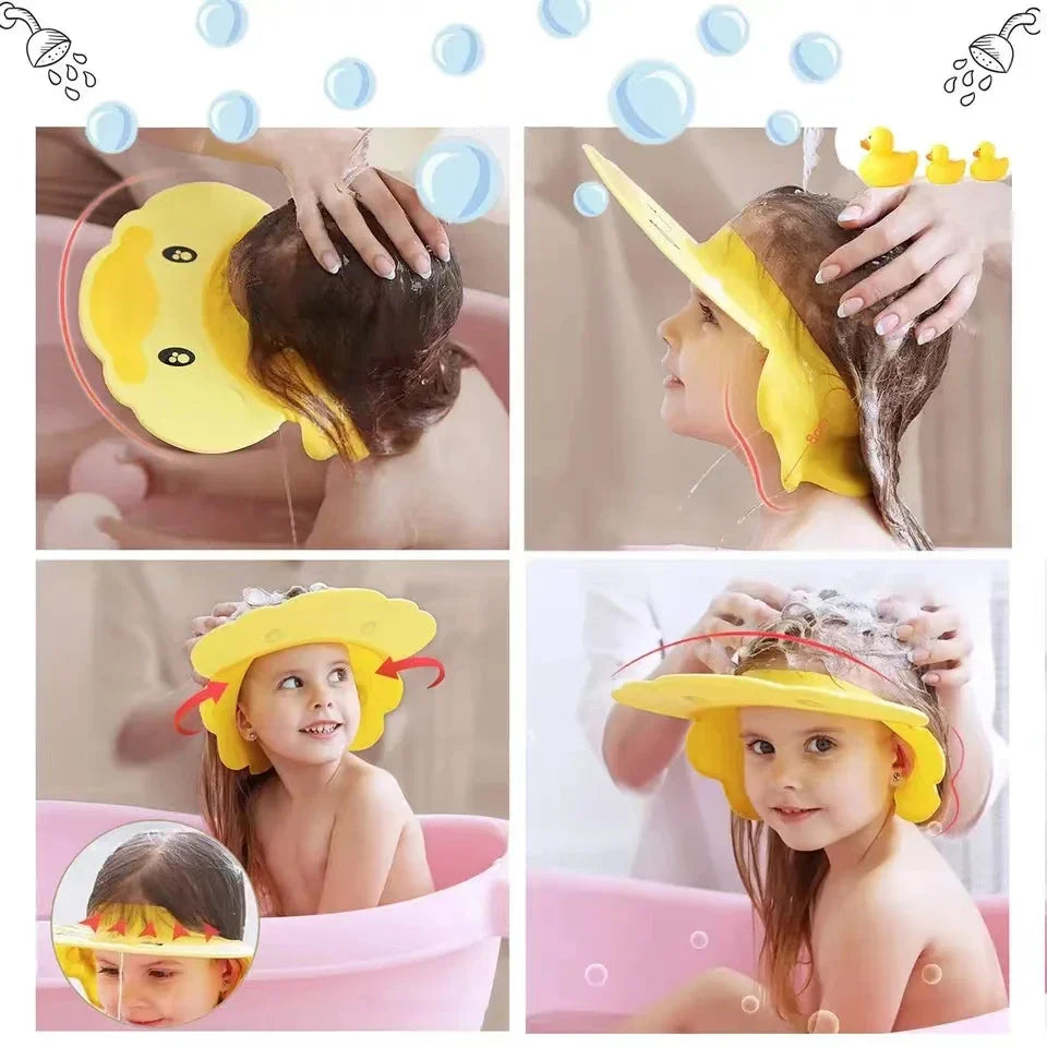 Cute pink Baby Hippo Shampoo Visor Cap for effective water protection during kids shower, bath accessory.