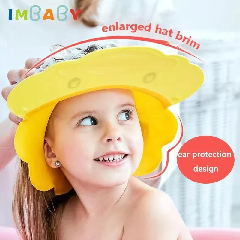 Yellow Baby Hippo Shampoo Visor Cap, silicone bath cap ensuring tear-free experience for babies.