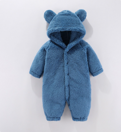 Baby hooded fleece romper, cozy for winter, unisex, with easy diaper access for infants.