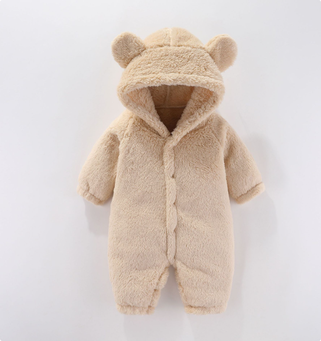 Warm hooded fleece romper for baby, comfortable infant wear with convenient diaper snaps.