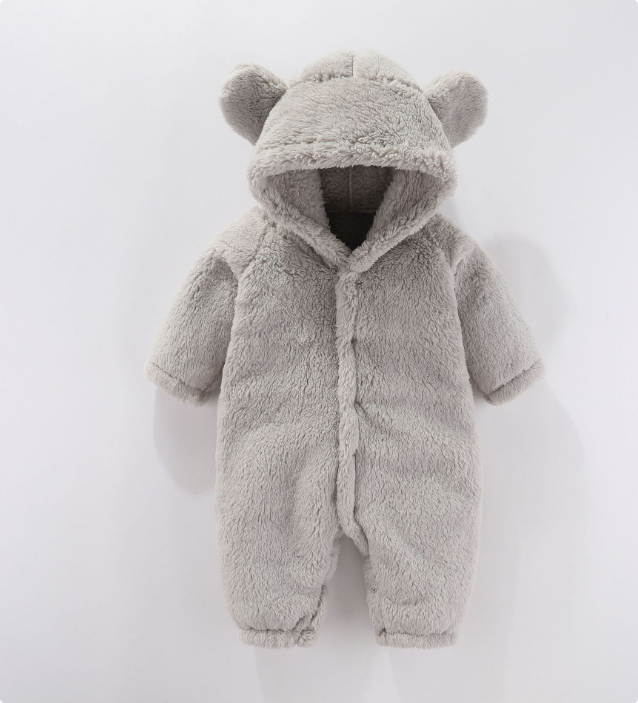 Unisex baby hooded fleece romper, ideal winter outfit, soft material for easy dressing.