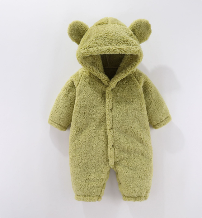 Baby wearing a grey hooded fleece romper, designed for warmth and easy diaper changes.