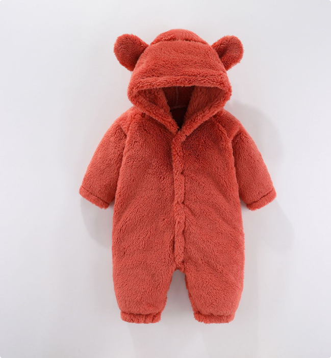 Fleece romper with hood for toddler, snug winter outfit in neutral color, easy access.
