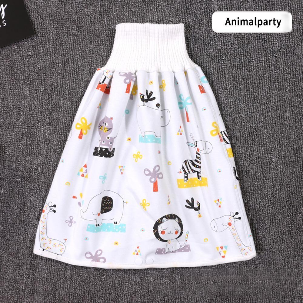 Baby in 2-in-1 diaper skirt shorts for dry nights, waterproof leak protection.
