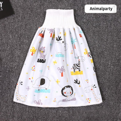 Baby in 2-in-1 diaper skirt shorts for dry nights, waterproof leak protection.