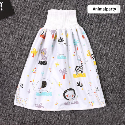 Baby in 2-in-1 diaper skirt shorts for dry nights, waterproof leak protection.