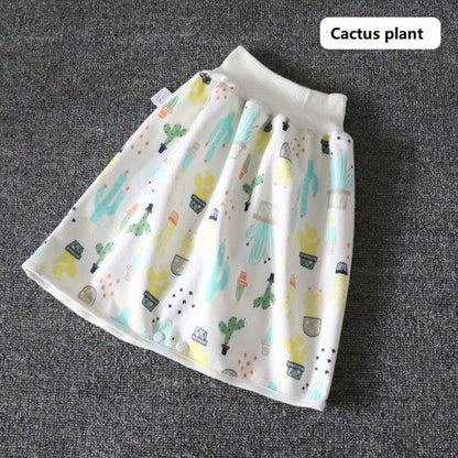 Potty training baby in 2-in-1 diaper skirt shorts for easy transitions.