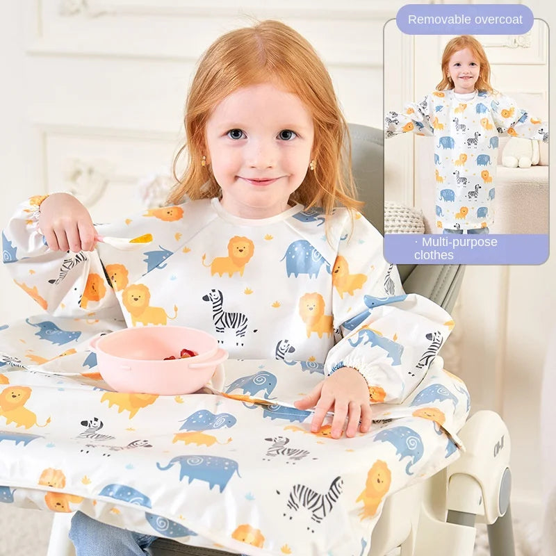 Back view of a baby's detachable long-sleeved bib, showing the adjustable neck closure.