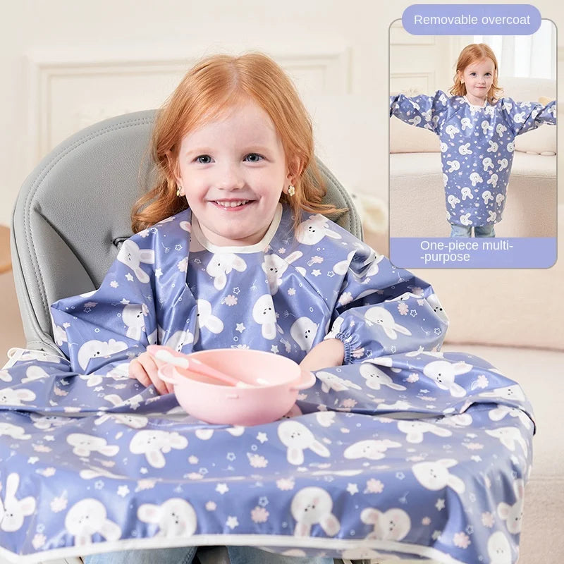 Yellow waterproof smock for toddlers, featuring a fun animal print and protecting clothes.