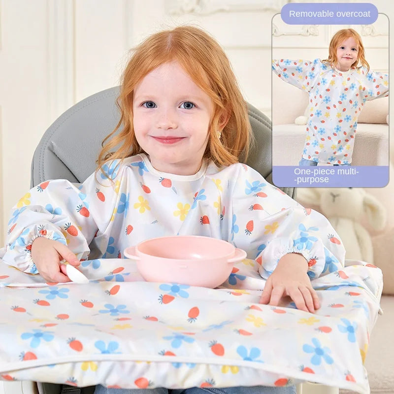 A stack of colorful detachable long-sleeved waterproof bibs for baby feeding variety.
