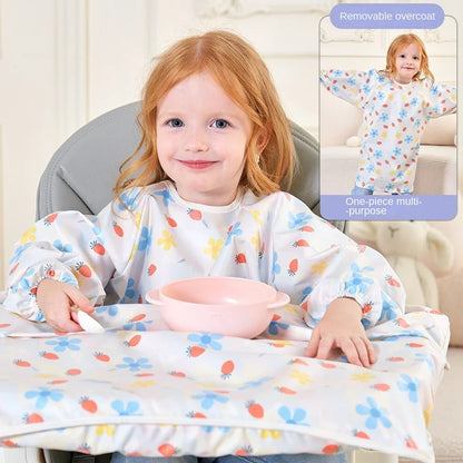 A stack of colorful detachable long-sleeved waterproof bibs for baby feeding variety.