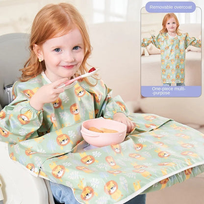 Detail of the strong stitching on a durable long-sleeved waterproof baby smock for daily use.