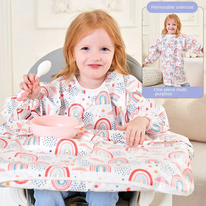 Portable long-sleeved waterproof bib, rolled up and ready for travel, a baby feeding essential.