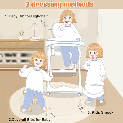 Front view of a blue long-sleeved waterproof baby bib with a detachable food catcher pocket.