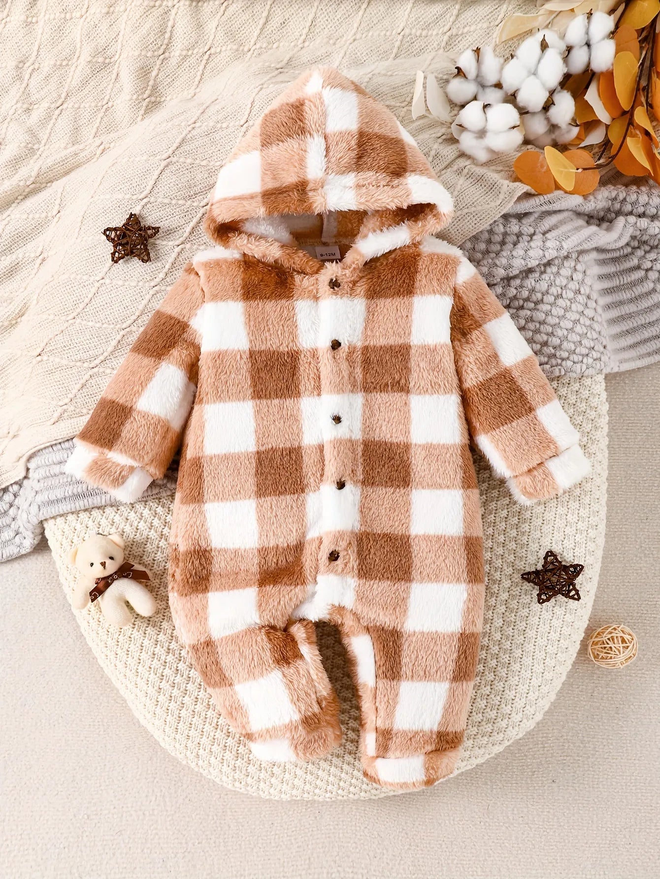 Baby in brown plaid velvet hooded romper, perfect for autumn and winter warmth