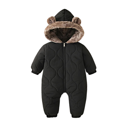 Charming baby full body hooded jumpsuit, ideal fleece romper for cold weather, unisex design.