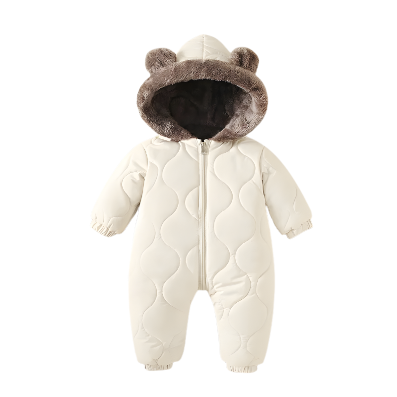 Infant wearing warm fleece hooded jumpsuit, a cozy baby outfit suitable for winter play.