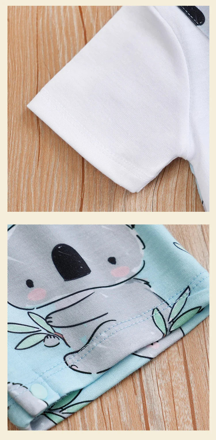 Back view of baby koala print romper, highlighting snap closures for easy changing