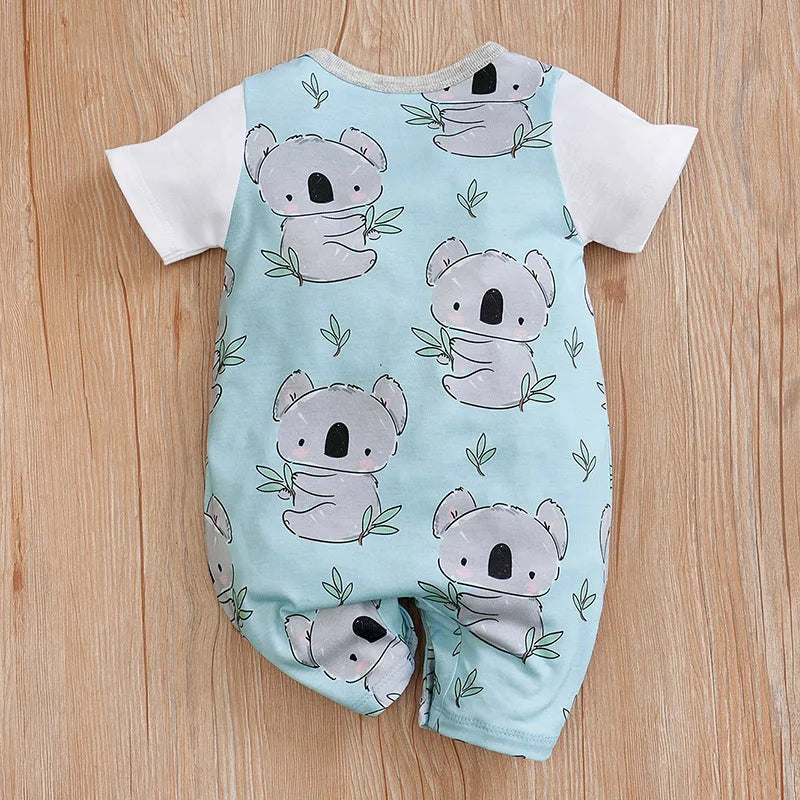 Close-up of adorable koala print on a baby romper, showing fabric detail and design
