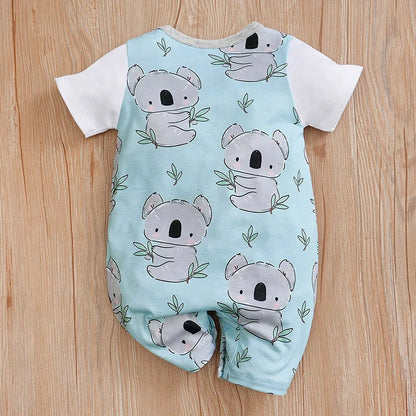 Close-up of adorable koala print on a baby romper, showing fabric detail and design