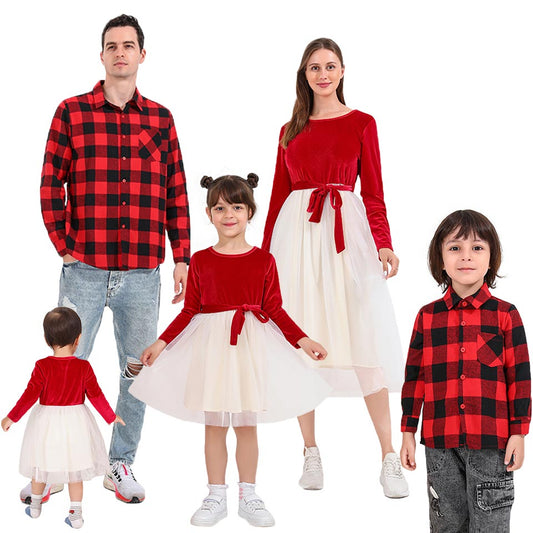 Baby in red plaid romper, perfect for family matching outfits & holiday parties.