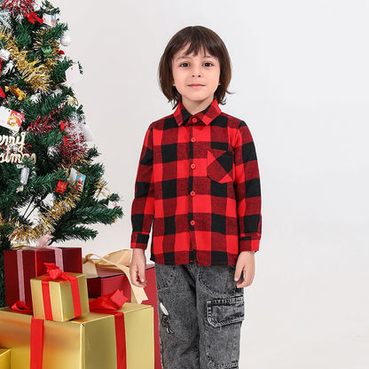 Cute baby in a cozy red plaid outfit, suitable for family coordinated apparel and gifts.