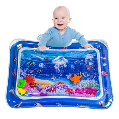 Baby Inflatable Ocean Play Mat for tummy time, sensory activity, deep blue PVC, infant learning.