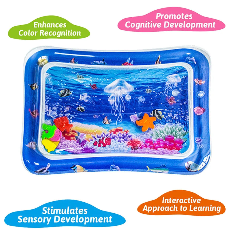 Baby gift: deep blue ocean inflatable play mat for tummy time sensory and early education fun.