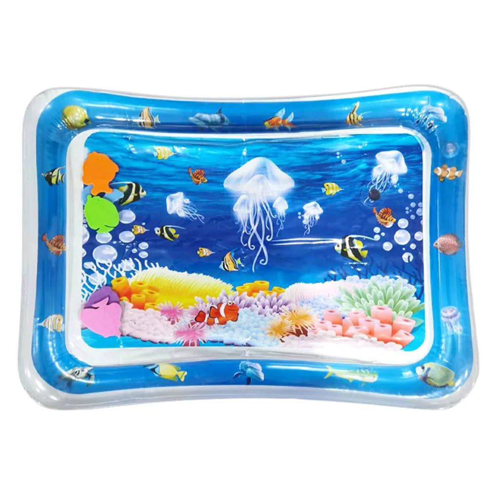 Ocean themed baby inflatable play mat, PVC deep blue, ideal for infant tummy time and learning.