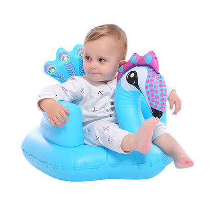 Brightly colored inflatable baby chair, engaging animal pattern, safe for infants to toddlers.