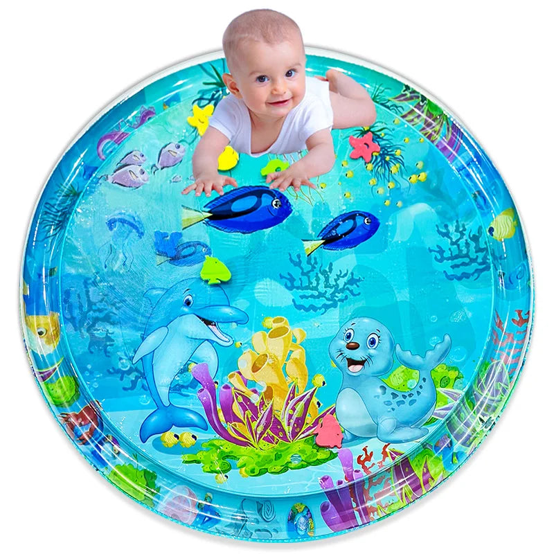 Baby inflatable tummy time water mat with floating dolphin & seal toys for sensory play & infant development