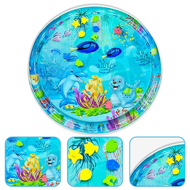 Overhead view of a baby tummy time water playmat, an essential infant sensory toy