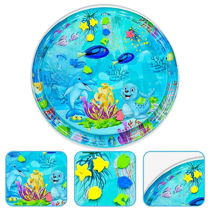 Overhead view of a baby tummy time water playmat, an essential infant sensory toy