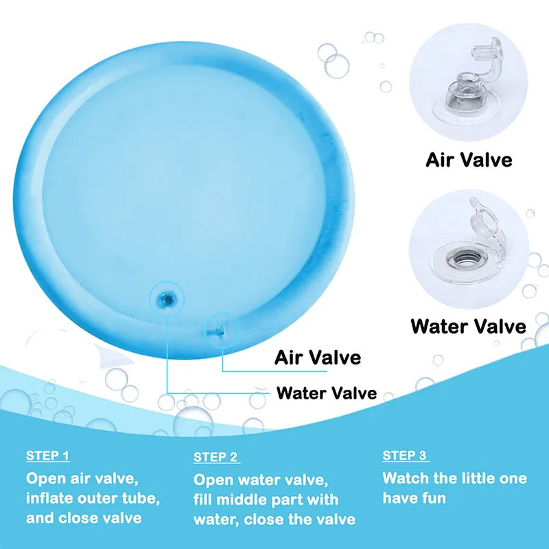 Inflatable baby water mat for tummy time, featuring vibrant ocean-themed graphics and floating toys