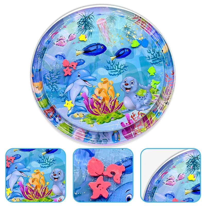 Toddler playing on an inflatable water mat, an educational toy for tummy time and sensory exploration