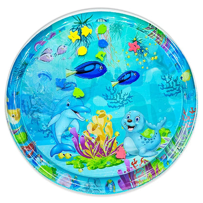 Water-filled baby play mat with dolphin & seal, promoting infant development and essential tummy time