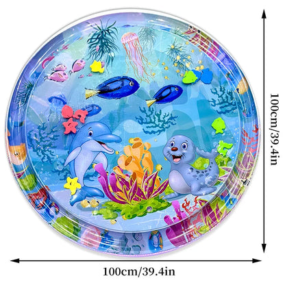 Durable PVC baby tummy time water mat with vivid marine life, great for infant sensory learning