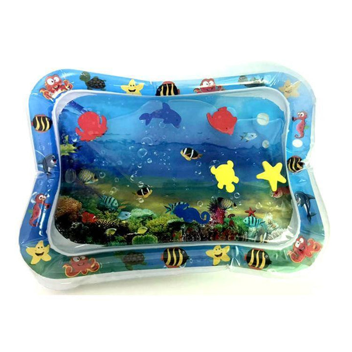 Baby inflatable tummy time water play mat with colorful floating ocean animals, blue, for sensory development.