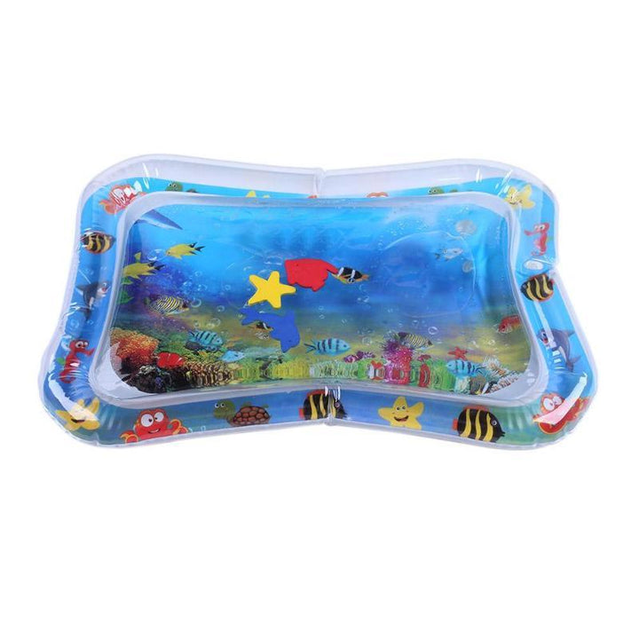 Infant tummy time water play mat, inflatable sensory toy in blue, promoting baby's motor skills and development.