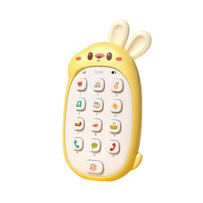 Infant teether and interactive phone toy, perfect for early development and soothing sore gums.